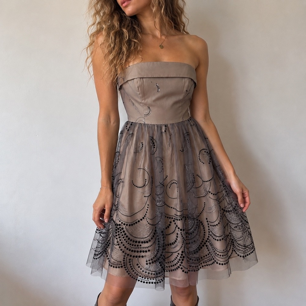 Champagne Strapless Tulle Dress Glitter Swirl Velvet Dot 7/8 Y2K Fairycore Party